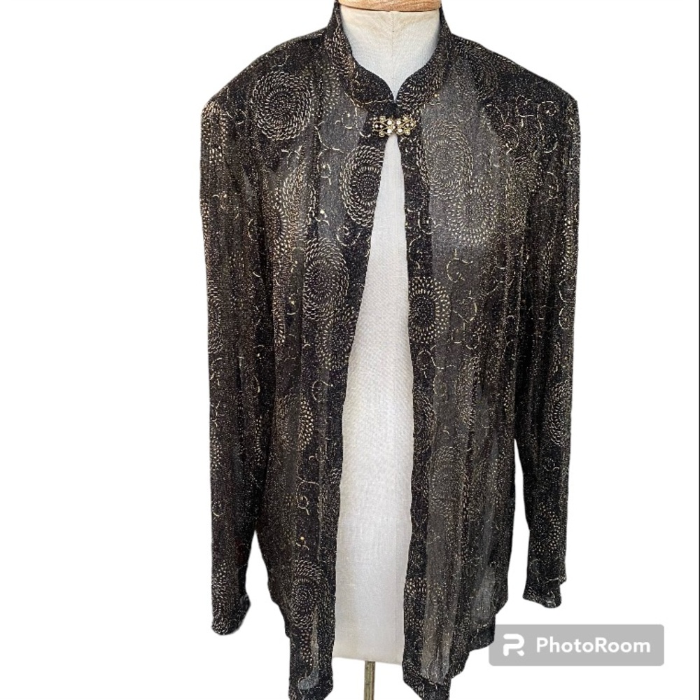 R&M Richards black gold metallic sheer long sleeve open front blouse jacket
